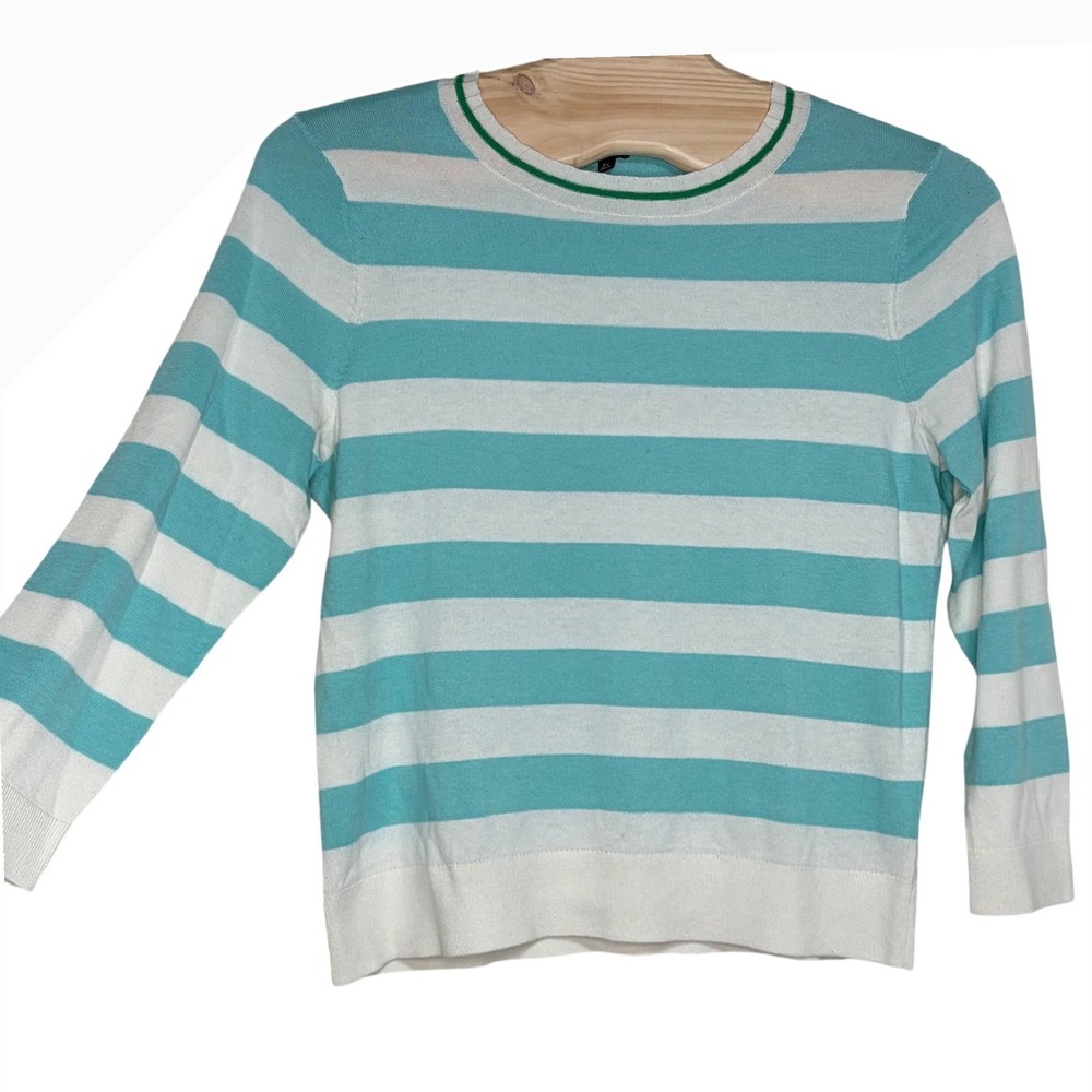 Talbots Plus Striped Crew Neck Sweater‎ Aqua White Green Trim Size 2X